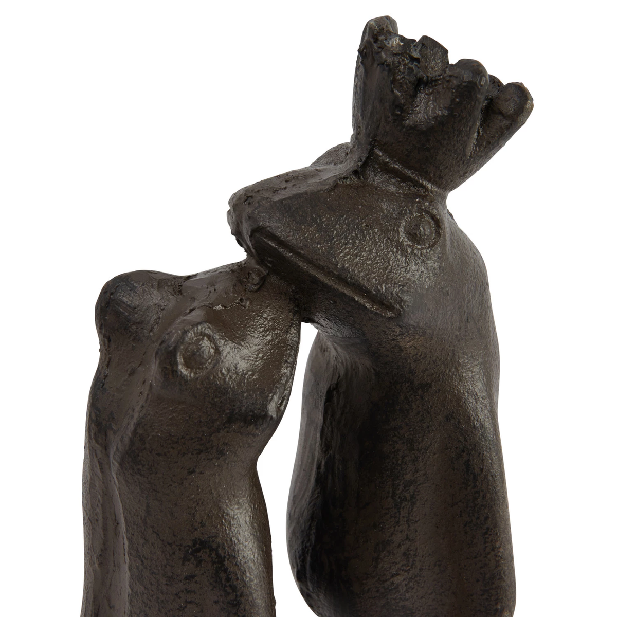 Cast iron kissing frog prince figurine in dark finish with detailed sculpted face.