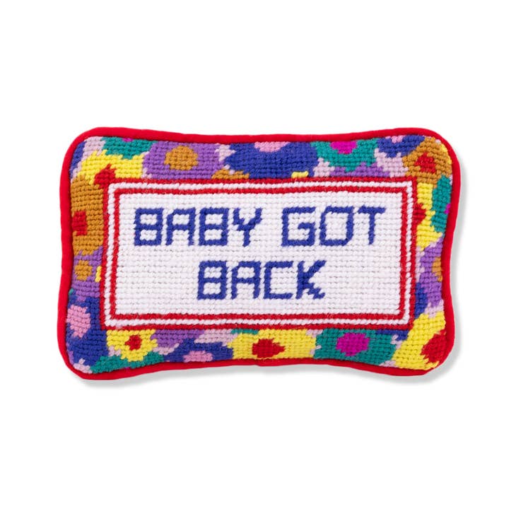 Baby Got Back Mini Needlepoint Pillow with colorful floral border and red trim.