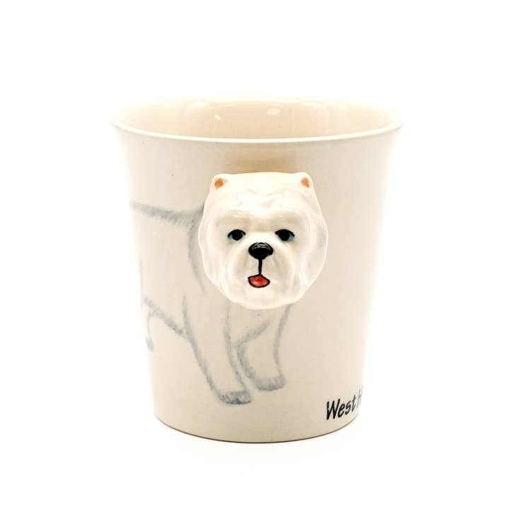 White ceramic mug featuring a hand-painted West Highland Terrier illustration.