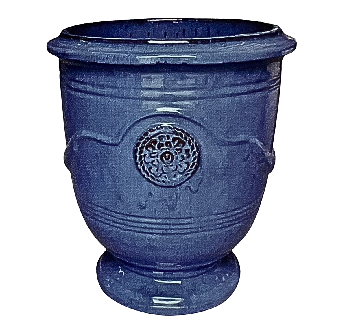 22-inch blue glazed Anduze urn with a decorative central emblem and a pedestal base.
