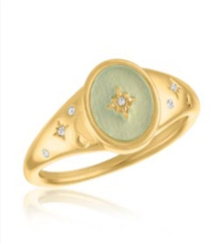Signet Starburst Layers Ring in brass with gold overlay plating featuring a starburst pattern and acrylic finish.