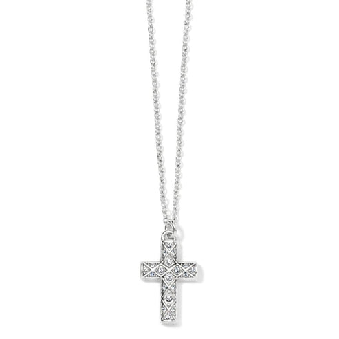 Silver plated adjustable necklace with a diamond cross pendant featuring fine quality crystal.