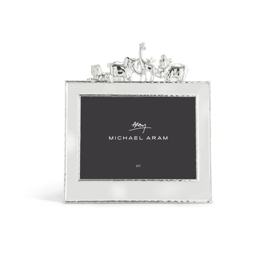 Silver nickelplate enamel frame holding a white background with an empty slot for a 5x7 photo.