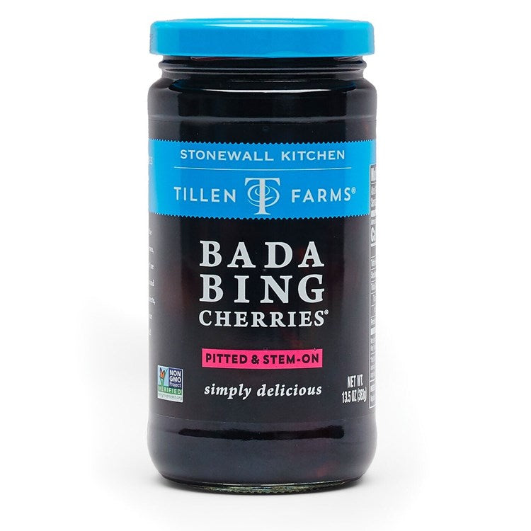 13.5 oz jar of Tillen Farms Bada Bing Cherries, pitted and stem-on, by Stonewall Kitchen.
