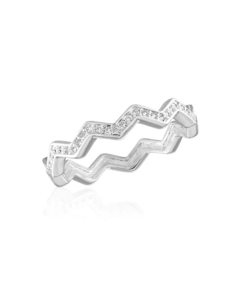 Silver zig-zag infinity stack ring with small embedded clear crystals on the top surface.