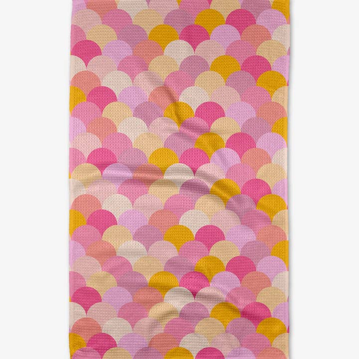 Recycled polyester waffle weave kitchen tea towel with single-sided print.