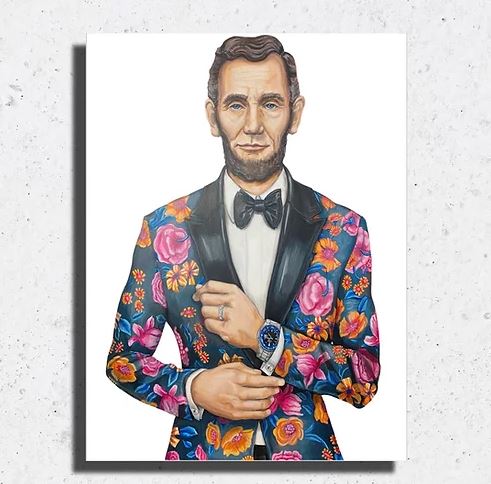 Abraham Lincoln wearing a floral tuxedo and a watch, depicted in a painting.