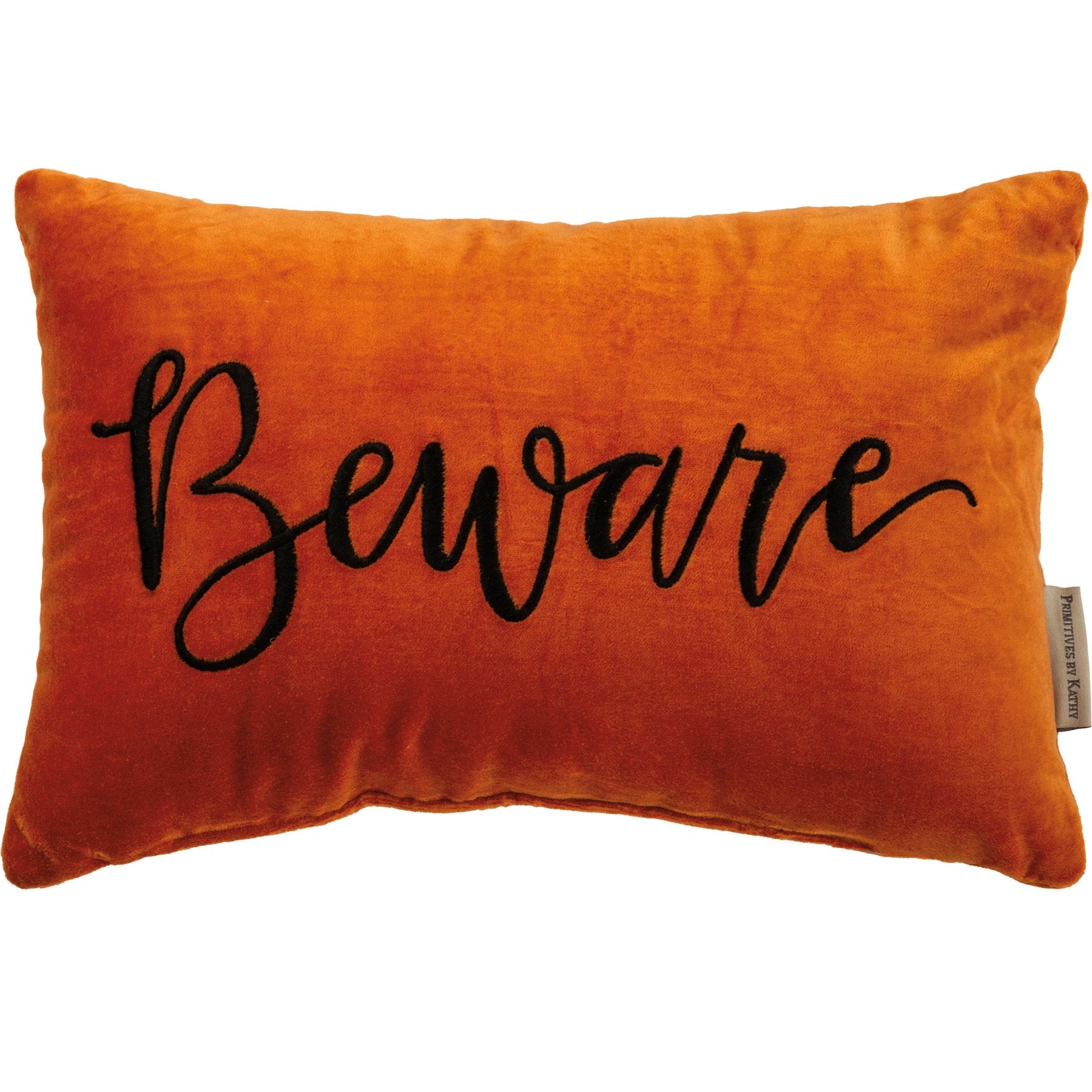 Beware Velvet Pillow in deep burgundy velvet with a rectangular zipper closure.