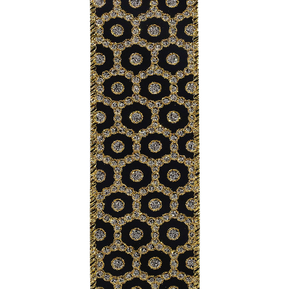 2-1/2 inch black wired ribbon with a gold and silver glittery rococo jewel pattern.