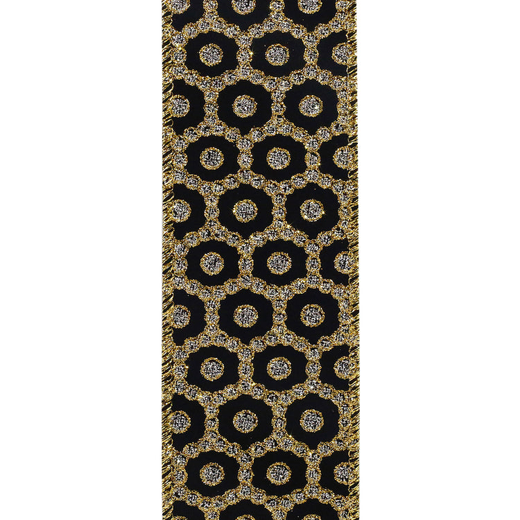 2-1/2 inch black wired ribbon with a gold and silver glittery rococo jewel pattern.