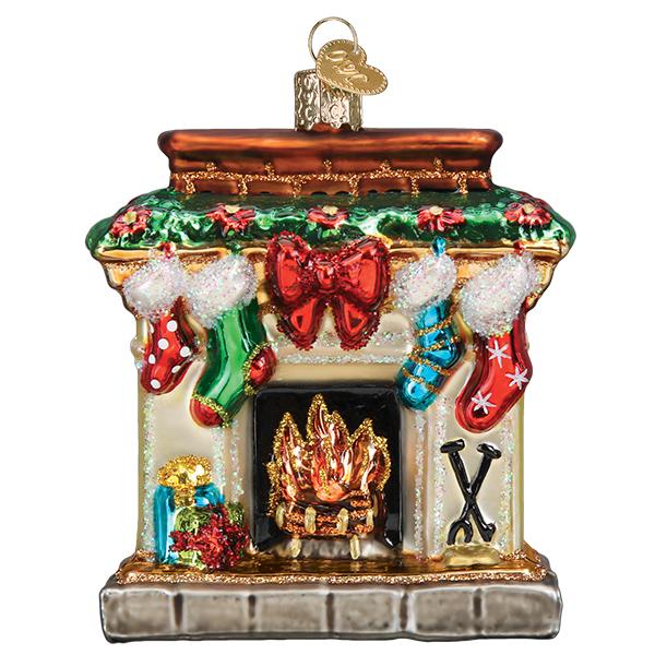 Glass fireplace ornament with stockings, a red bow, garland, and a glowing fire.