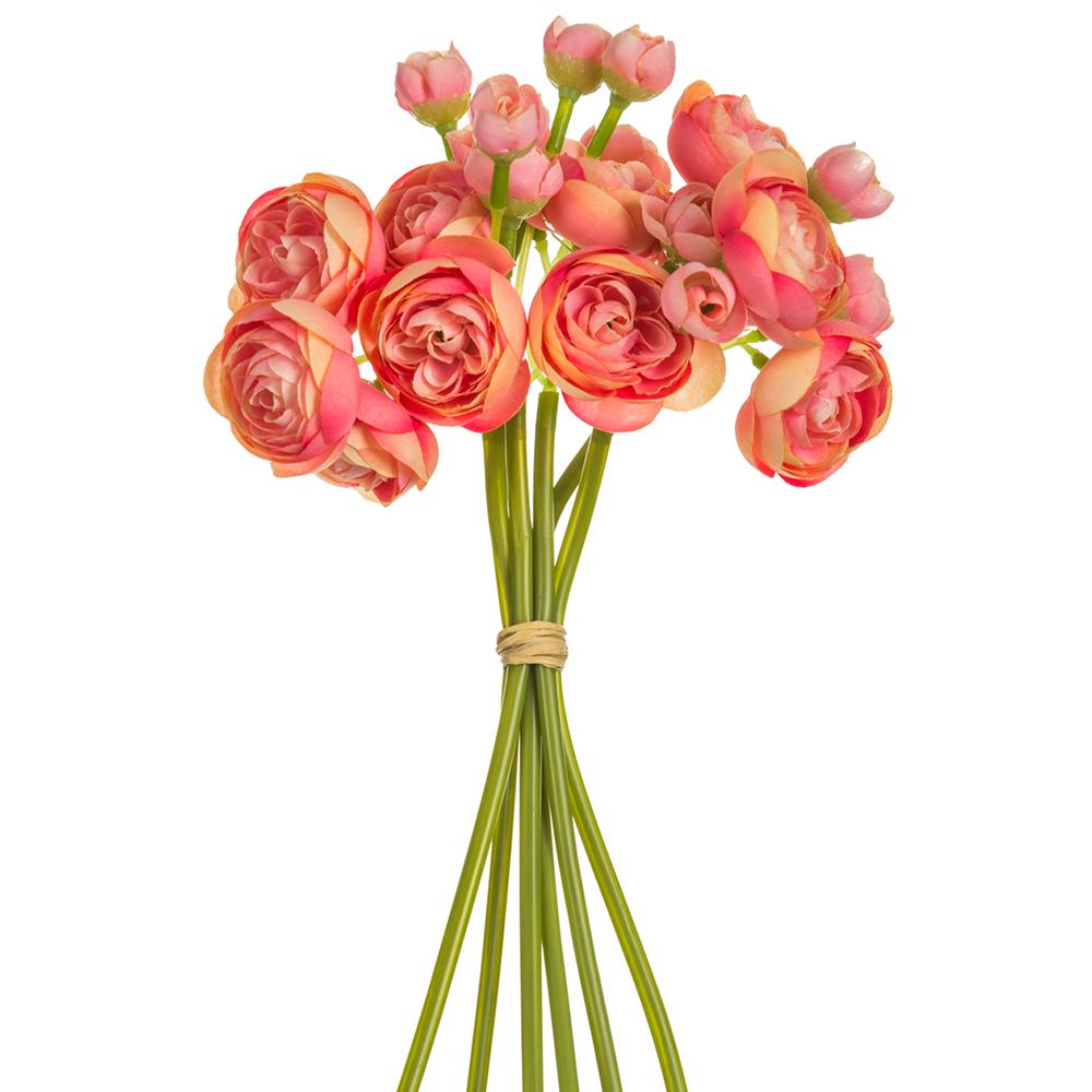 Bundle of ten-inch artificial ranunculus flowers in white plastic with glue backing.