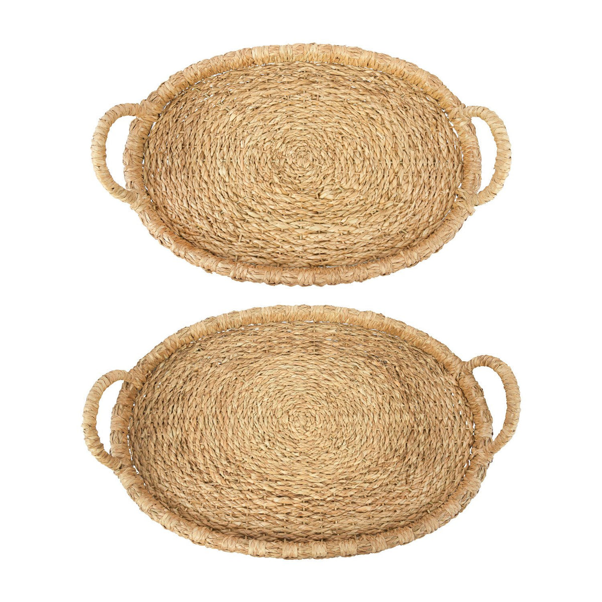 Hand-woven tray with handles in natural tones featuring a textured surface.