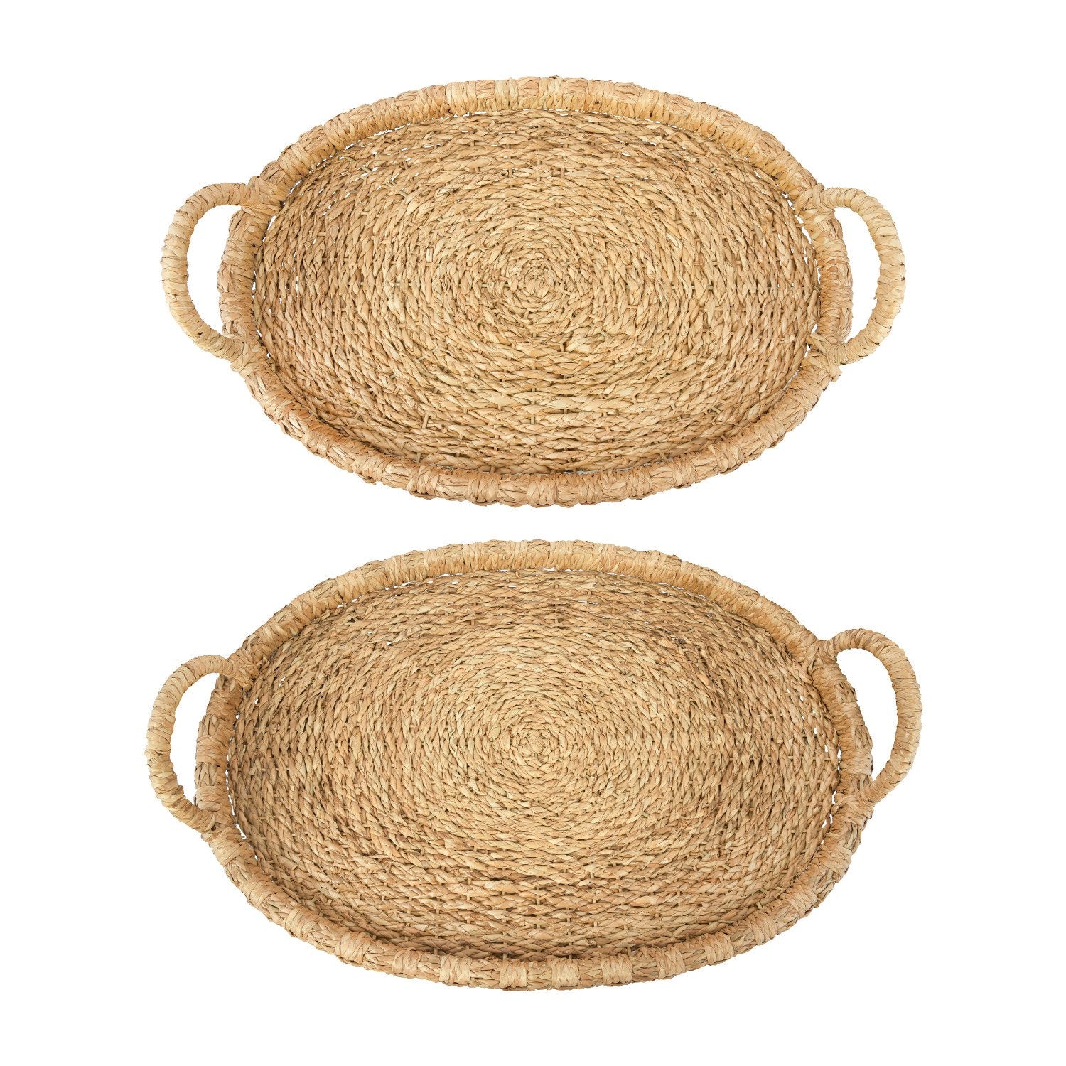 Hand-woven tray with handles in natural tones featuring a textured surface.