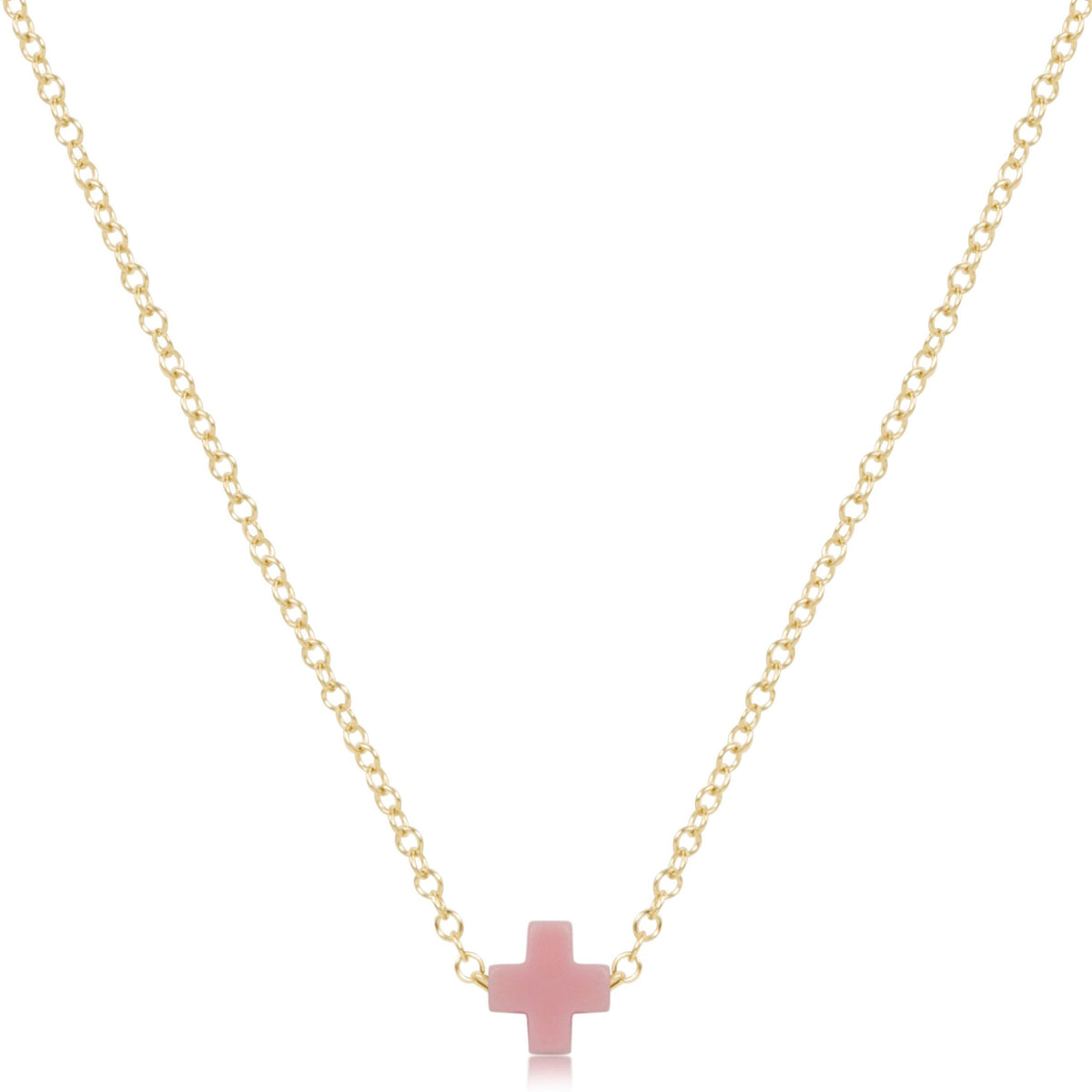 16-inch gold-filled chain necklace featuring a small pink signature cross pendant.