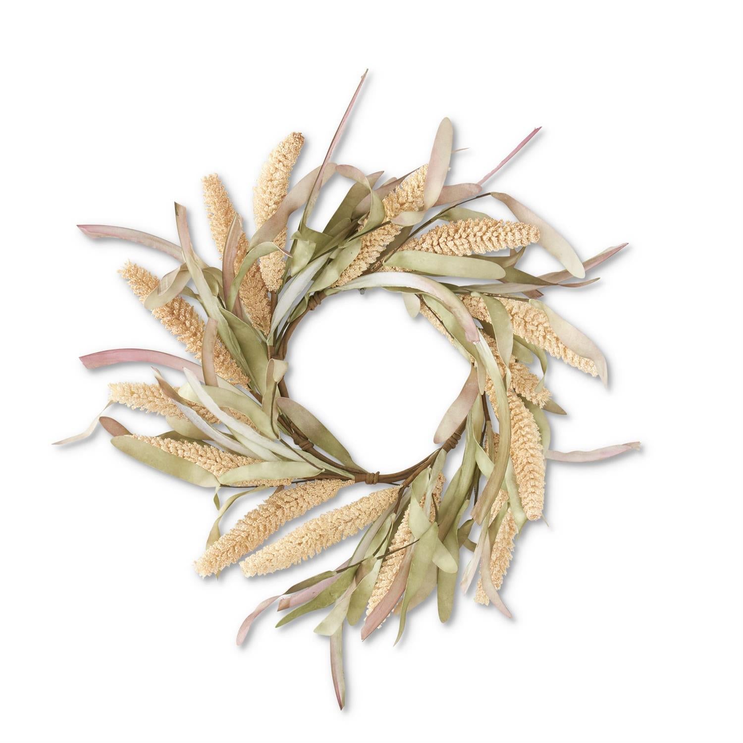 Cream rice candle ring wreath with green and burgundy Eva leaves