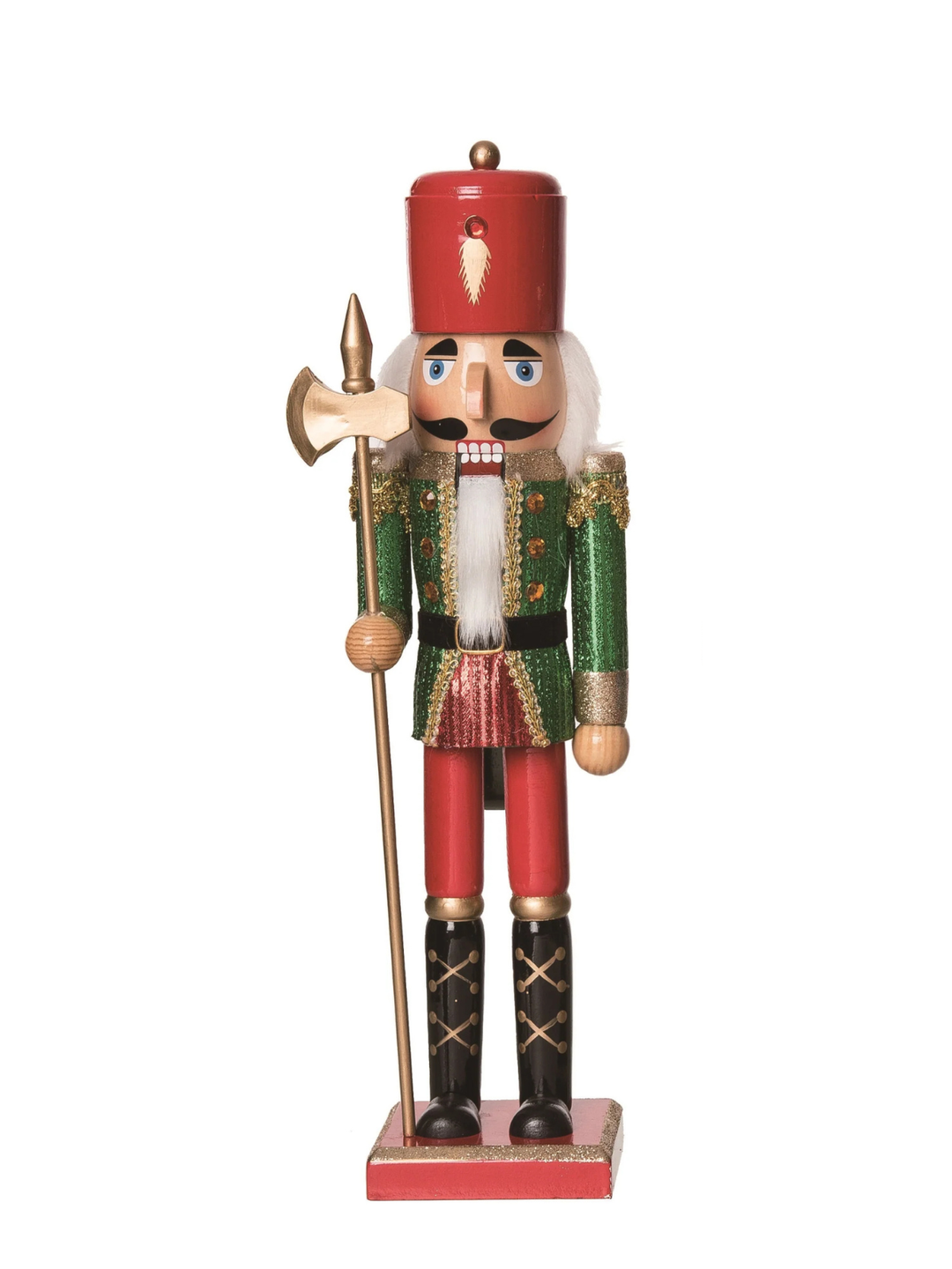 Wood Glitz & Glam Nutcracker in green and red glitter uniform holding a gold halberd.