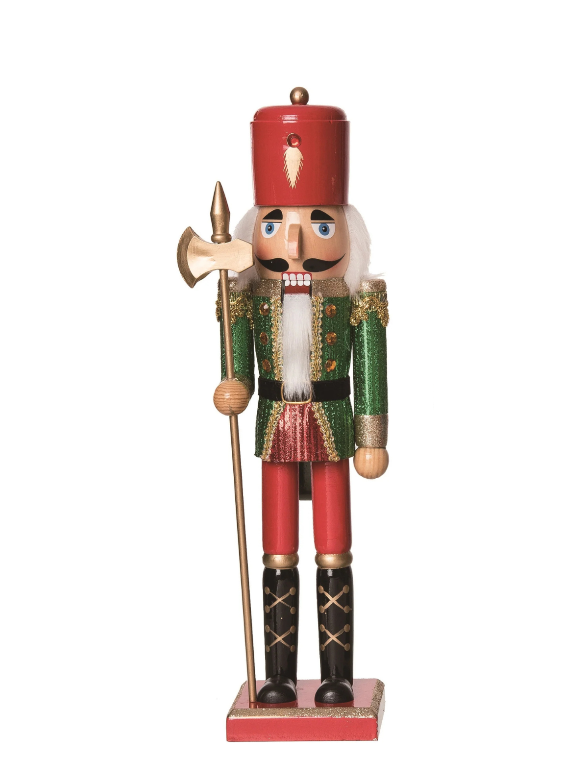 Wood Glitz & Glam Nutcracker in green and red glitter uniform holding a gold halberd.