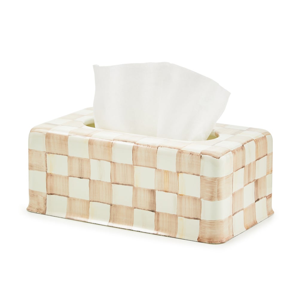 Mocha Check hand-painted steel tissue box cover with a white tissue protruding from the top.