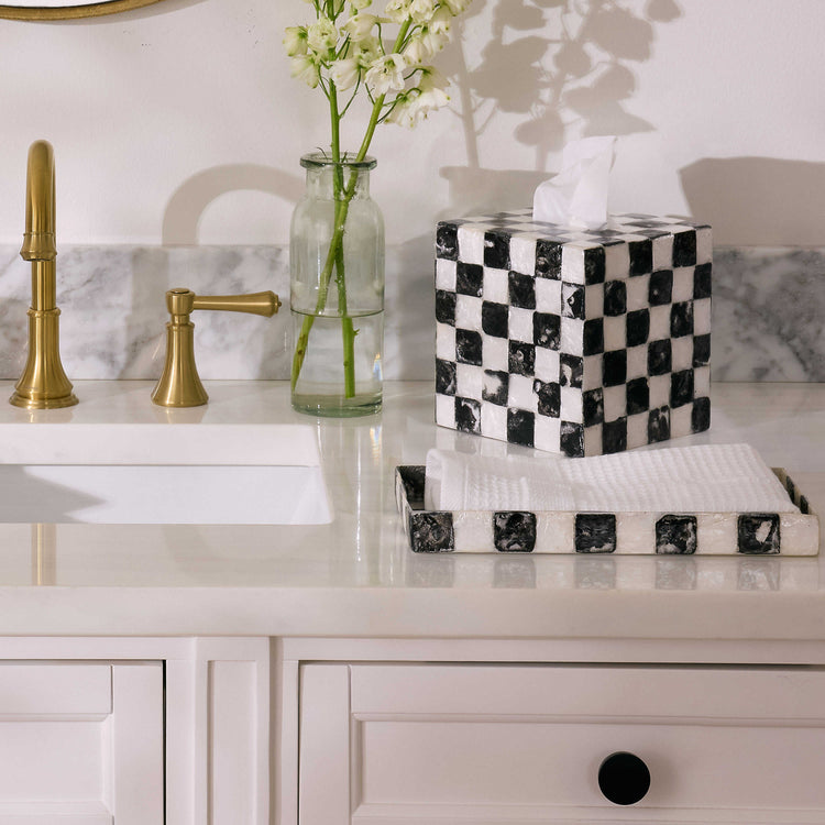 Courtly Check Capiz vanity tray featuring a natural shell material with a checkered pattern and scalloped silhouette.