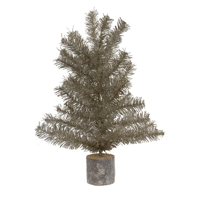 19-inch glistening platinum pine tree with metallic plastic needles on a cylindrical base.