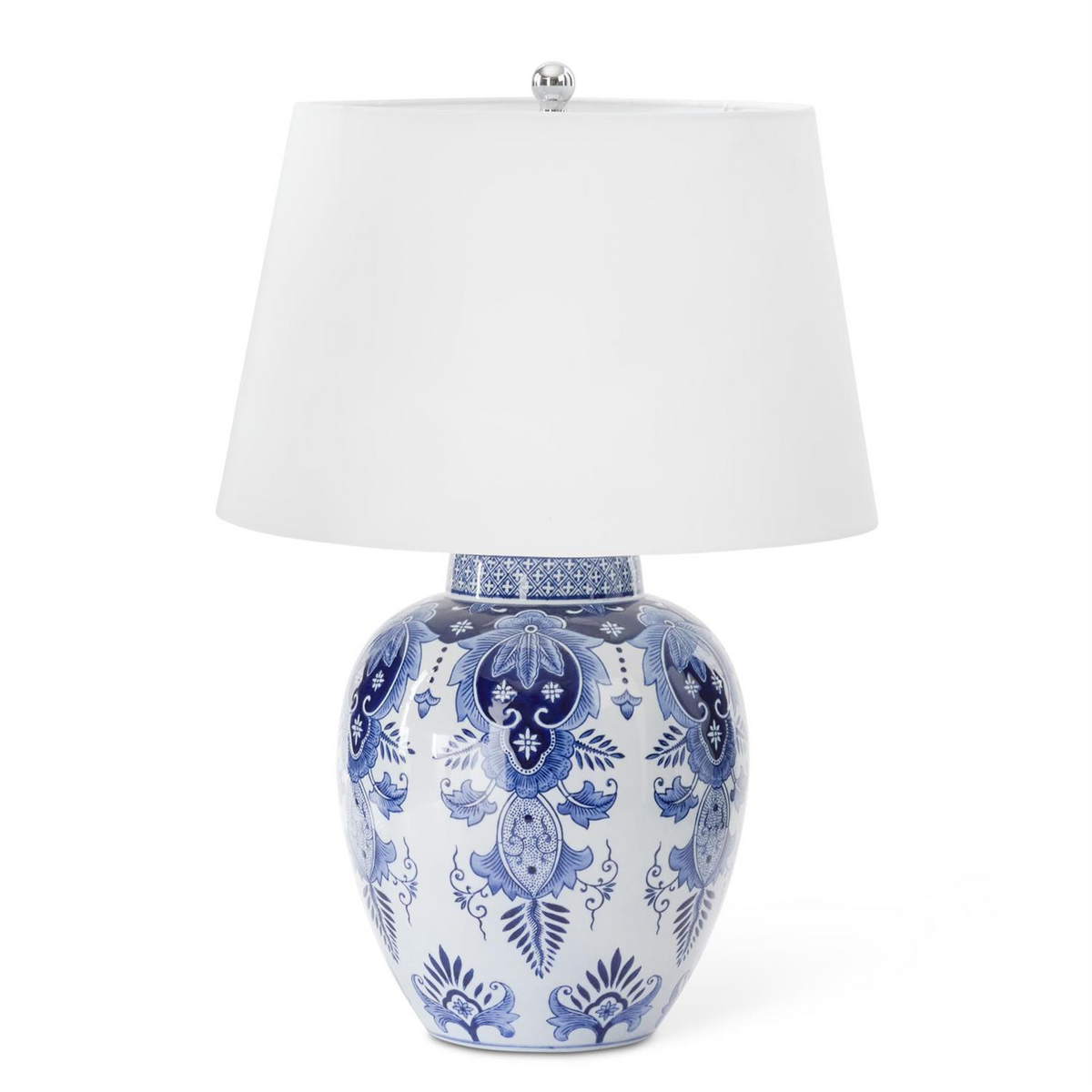 28 Inch Ceramic Blue & White Chinoiserie Lamp with a white tapered drum shade.