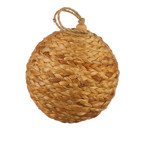 5-inch woven ball ornament made of braided jute with a hanging loop and wooden bead.