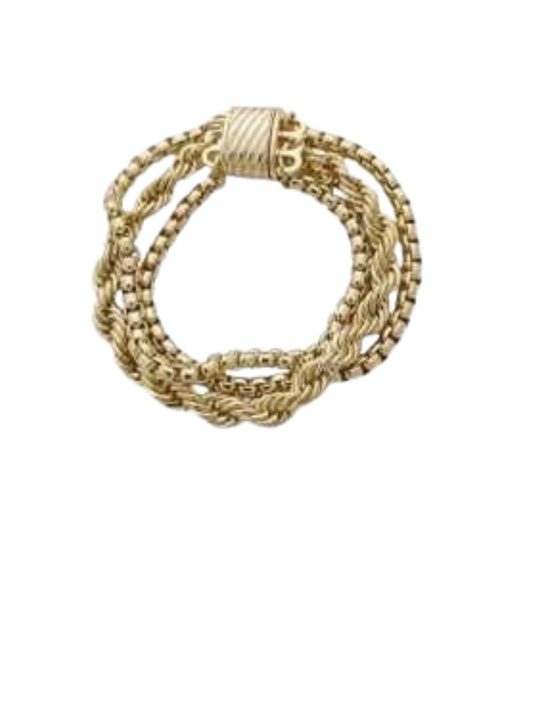 Gold multi-strand bracelet featuring a mix of rope and box chains with a textured rectangular clasp.