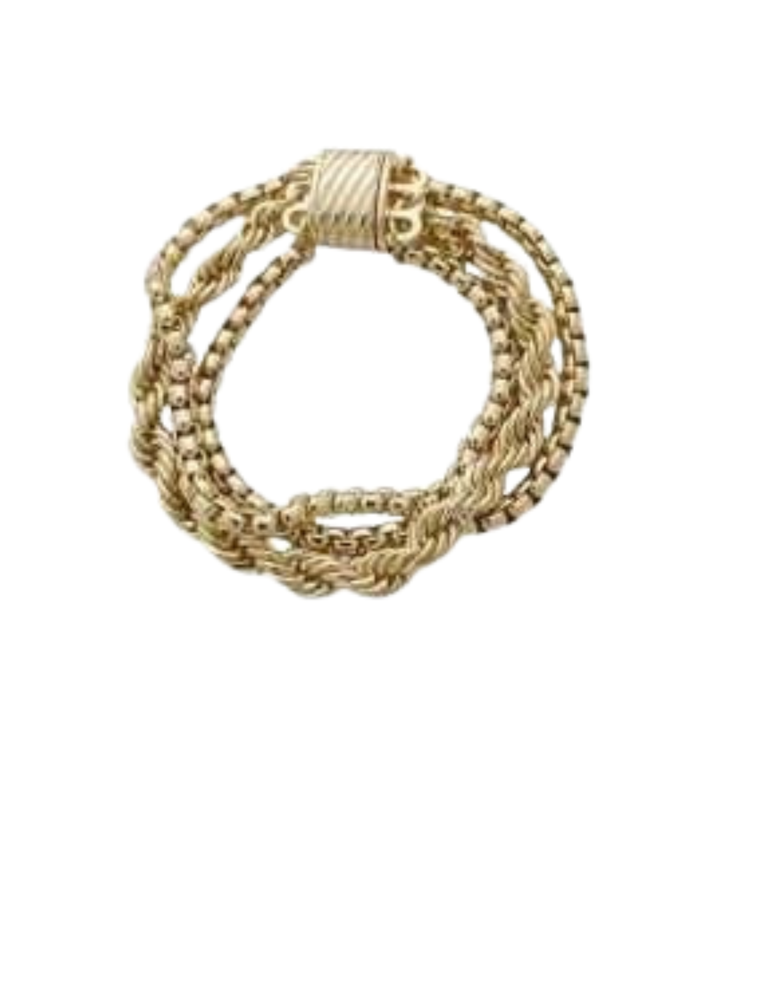 Gold multi-strand bracelet featuring a mix of rope and box chains with a textured rectangular clasp.