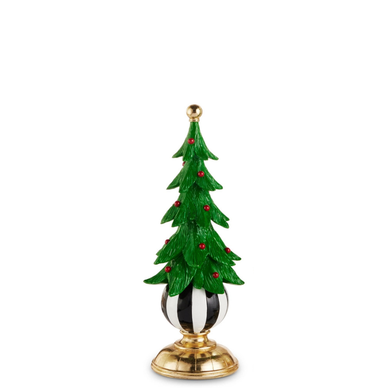 Green resin Christmas tree with red berries on a black and white striped ball and gold pedestal.