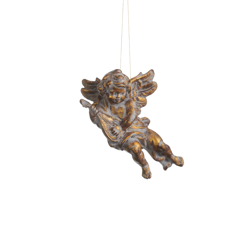 6-inch antique gold angel ornament playing a lute with a vintage-inspired finish.