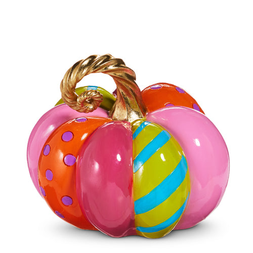 9.5 inch multi-patterned resin pumpkin with colorful stripes, polka dots, and a gold twisted stem.