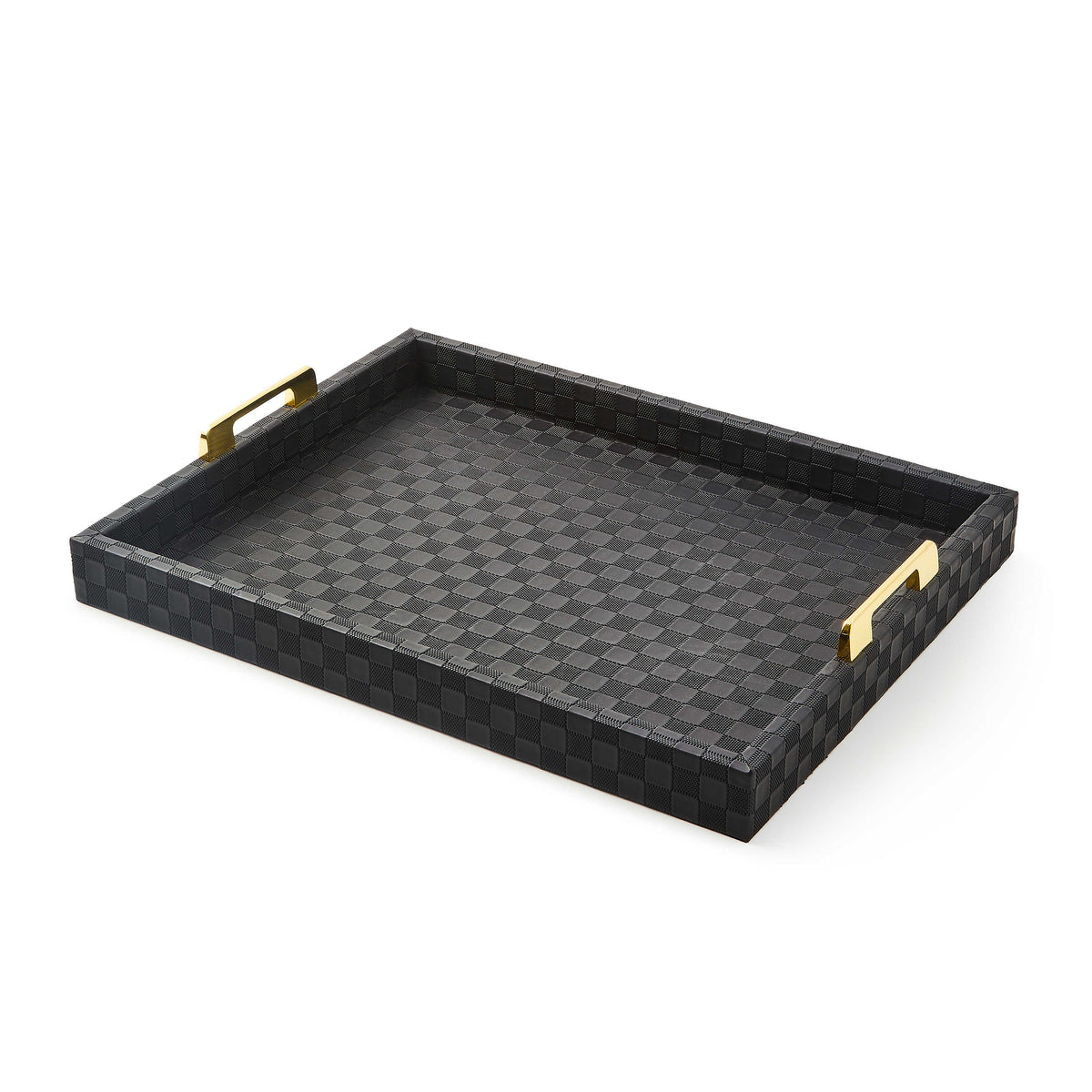 Black faux leather tray with a checkered texture and gold-tone metal handles.