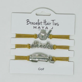 Set of 3 Maya J bracelet hair ties with golf-themed charms: golf club, 'Birdie' text, and golf cart.