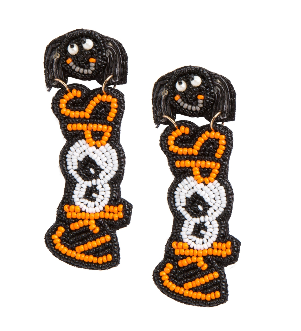 Halloween seed bead dangle earrings featuring a black cat head and the word BOO in orange and white.