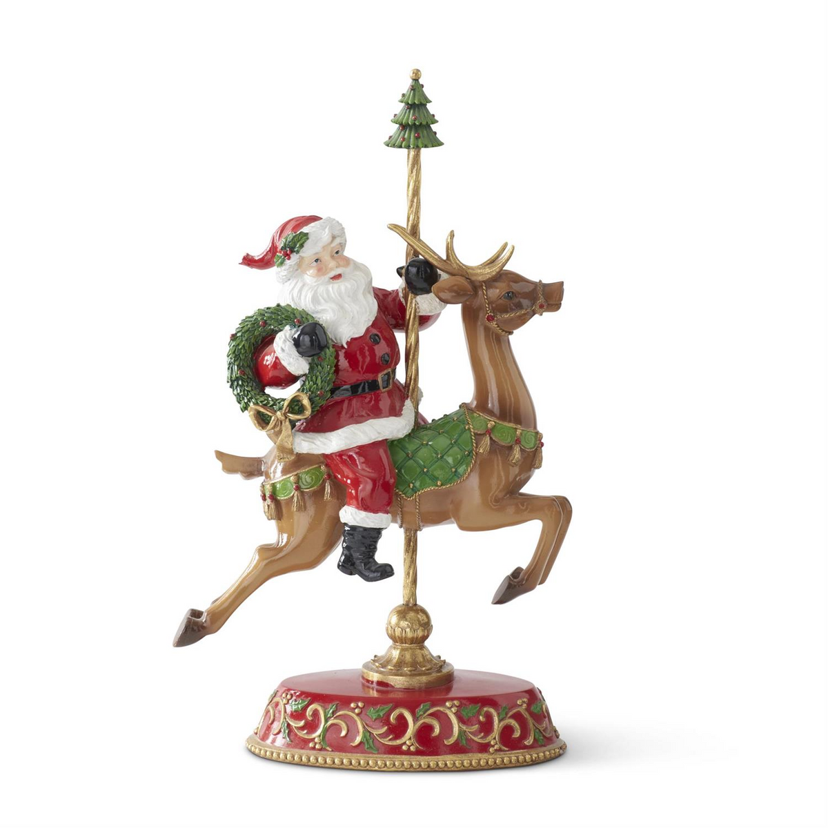 18.5 inch resin Santa Claus figurine riding a carousel reindeer with a wreath and gold pole.