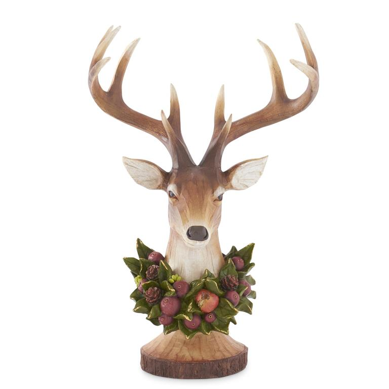 18.5 inch resin deer bust with a woodgrain finish and a festive wreath around its neck.