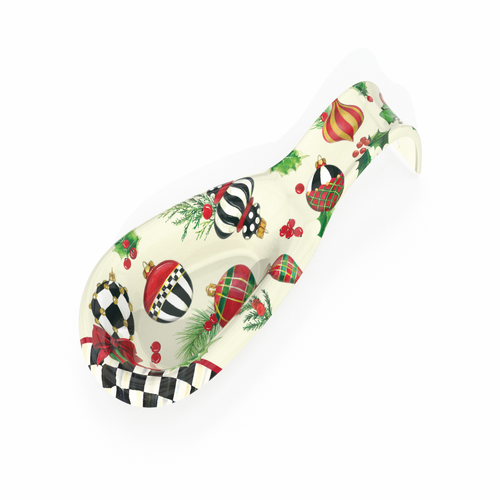 Deck the Halls Spoon Rest with festive holiday ornaments and holly on a cream background.