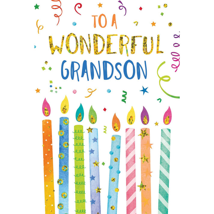 Birthday card with glitter foil embossing reading Happy Birthday to a wonderful Grandson