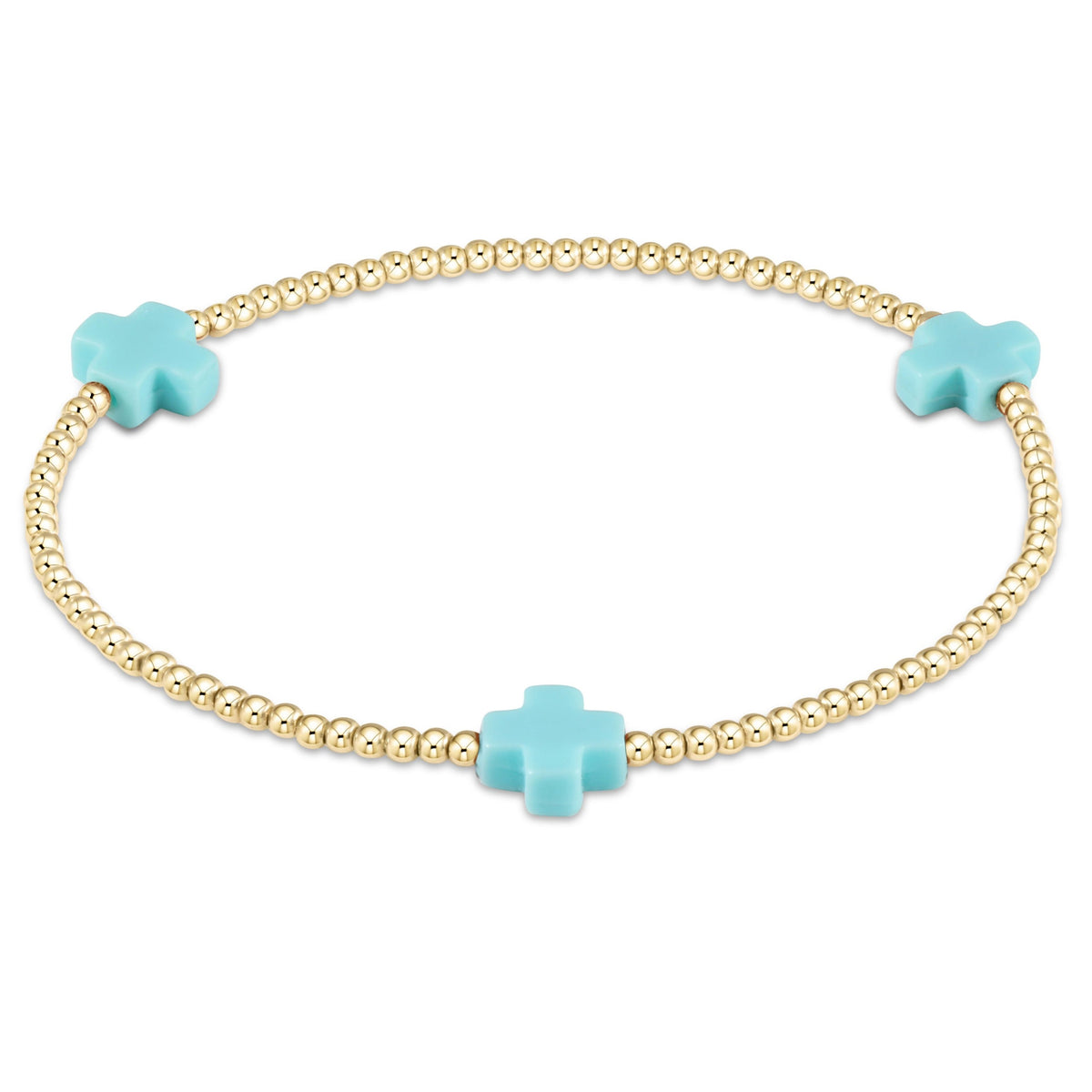 Signature Cross 2mm gold-filled beaded stretch bracelet with three turquoise cross charms.