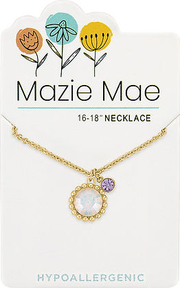 Gold beaded necklace with a round white opal pendant and a small purple tanzanite charm.