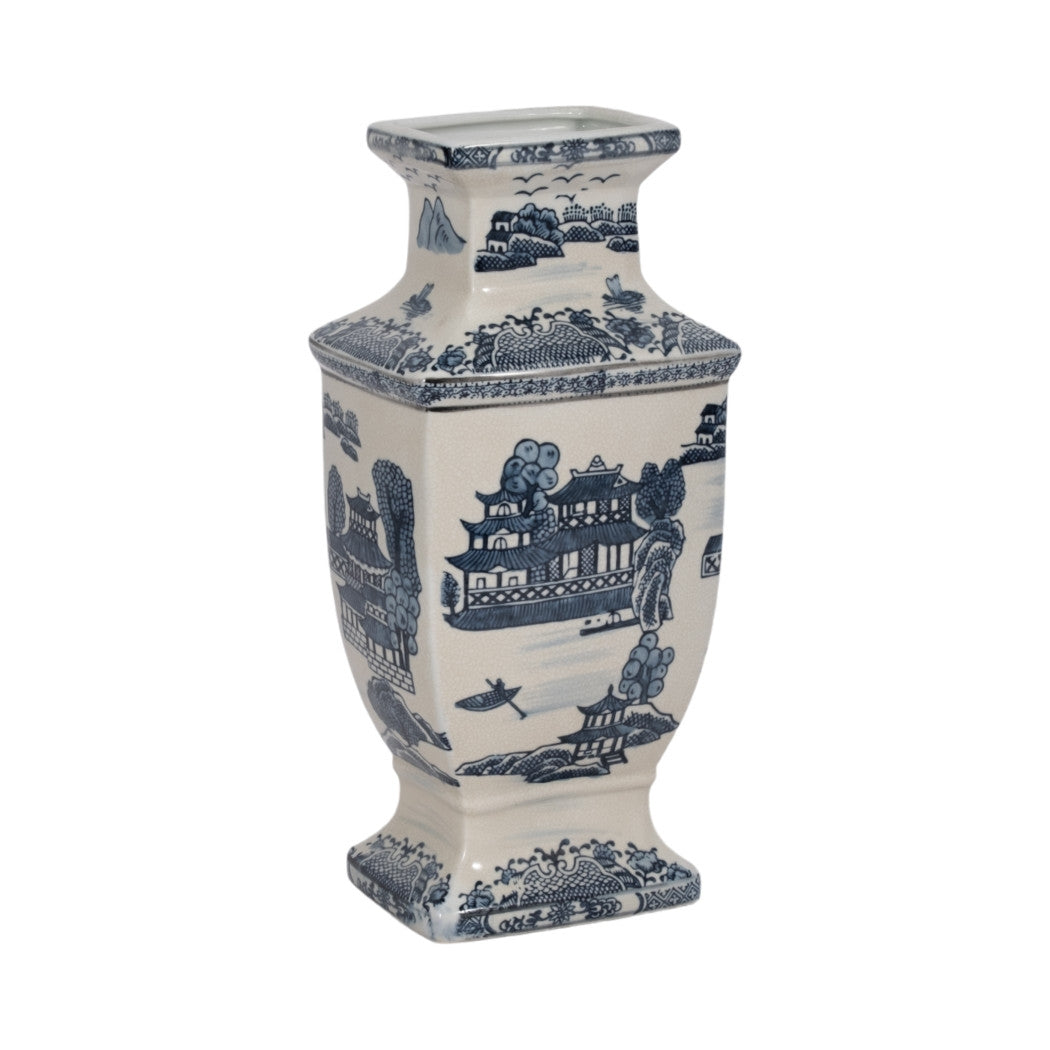 15 inch blue and white ceramic chinoiserie temple vase with landscape and pagoda illustrations.