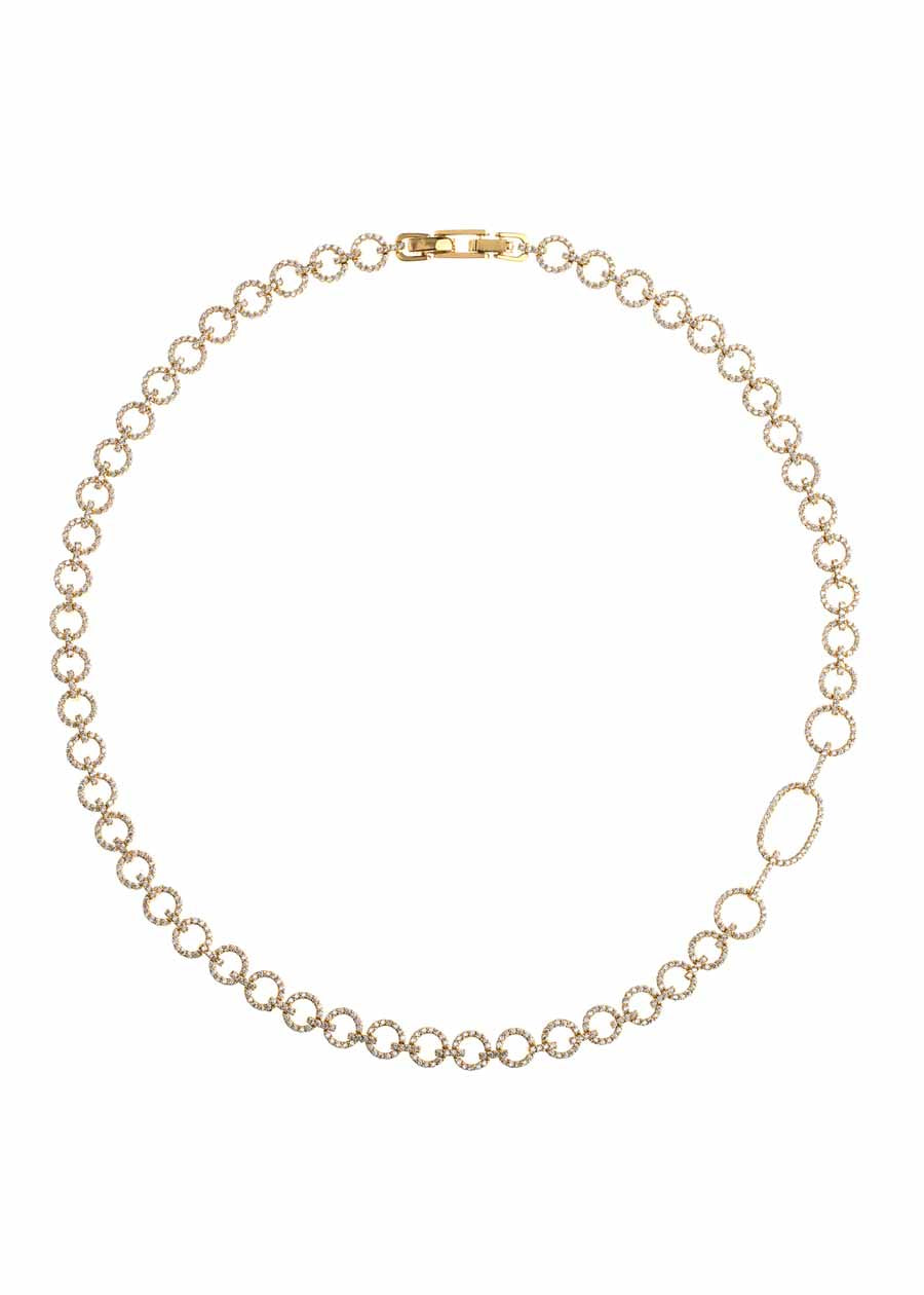 Open circle link short statement necklace in gold finish CZ with brass hook closure