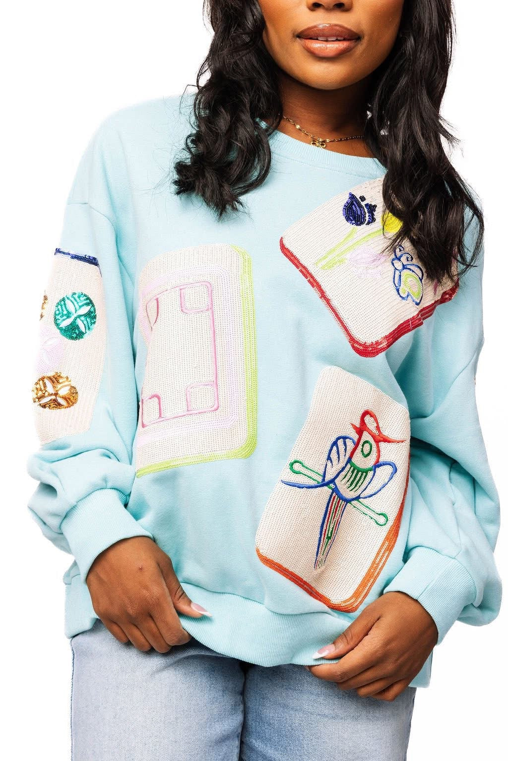 Sandy Scattered Mahjong Tile sweatshirt with a bold patterned print on the front.