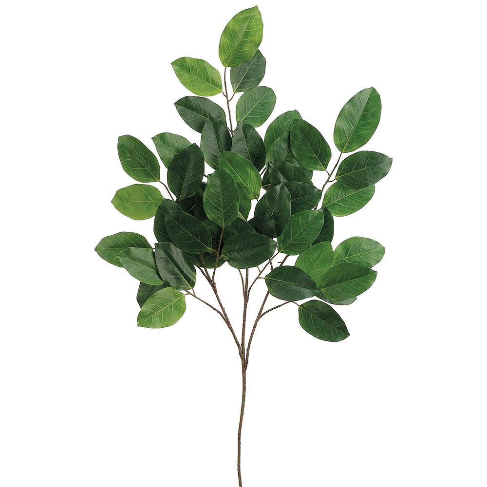 Two-tone green banyan leaf spray artificial plant with polyester plastic material.