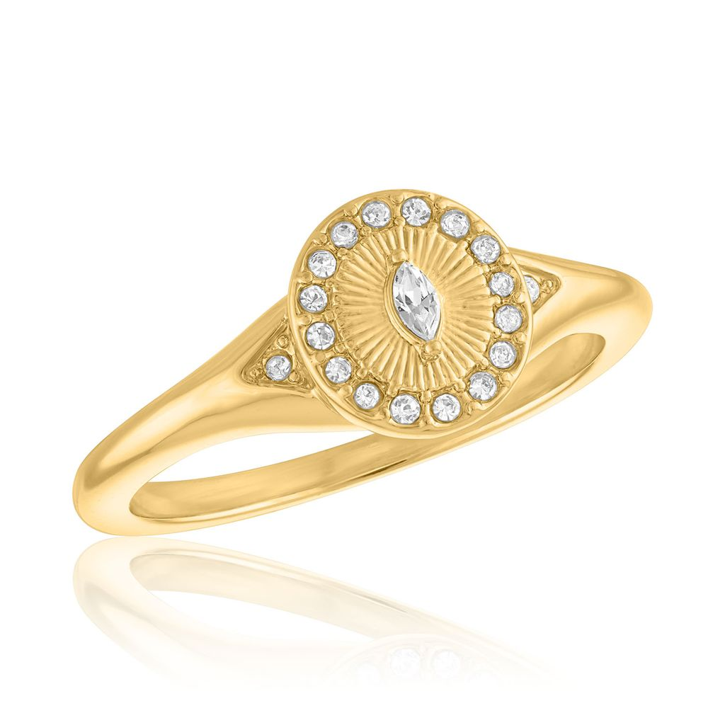 Gold-tone Marquise Halo Sunburst Layers Ring with a marquise center and sparkling round accents.