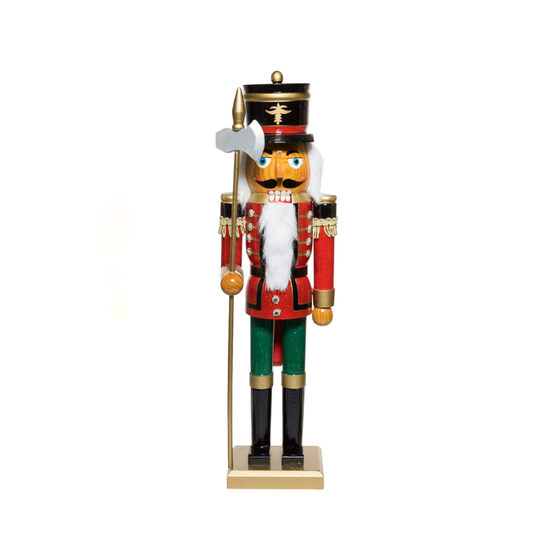 20-inch soldier nutcracker in a red jacket, green pants, and black hat holding a silver halberd.