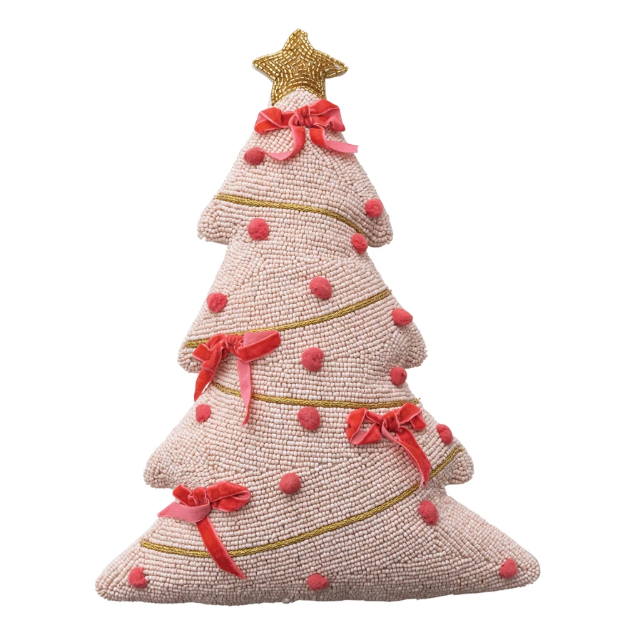 Pink beaded Christmas tree shaped pillow with hand-embroidered red bows and a gold star topper.