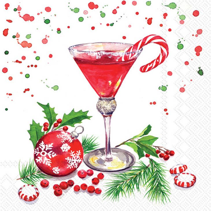 Paper cocktail napkin with a watercolor Christmas design featuring a red drink, candy cane, ornament, holly, and peppermint candies.