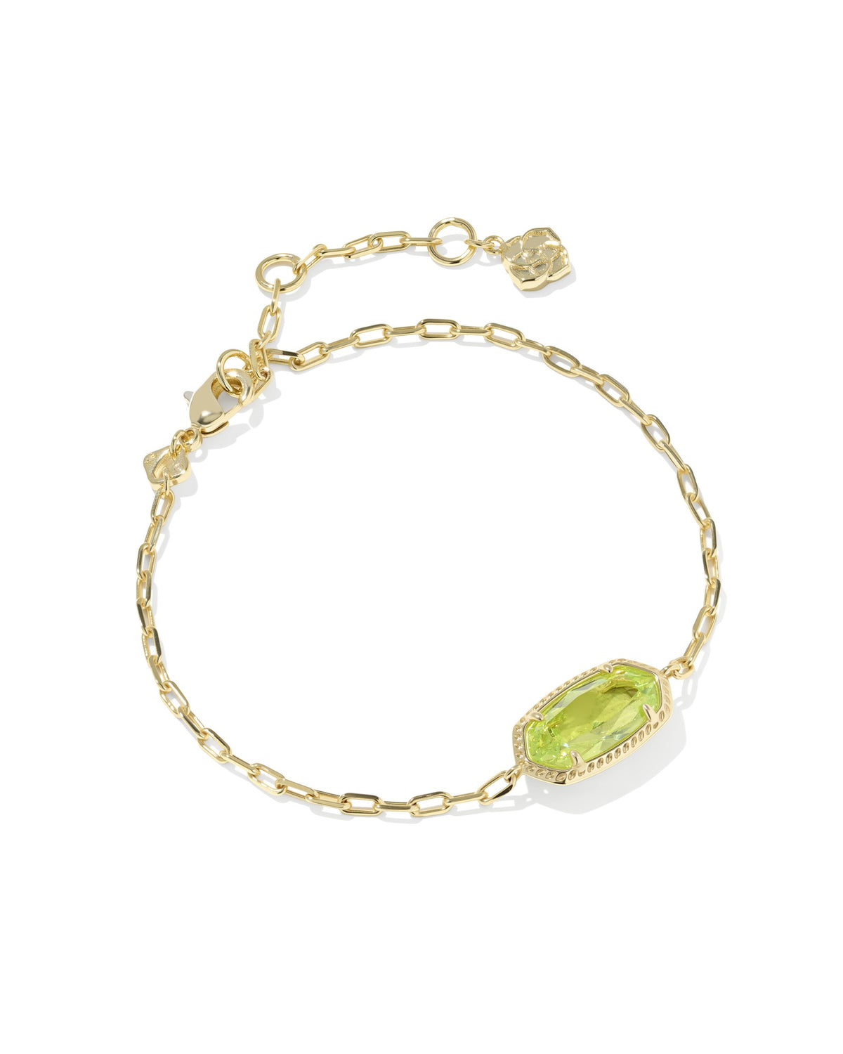 Elaina Luxe gold chain bracelet featuring a faceted oval lime green stone in a prong setting.